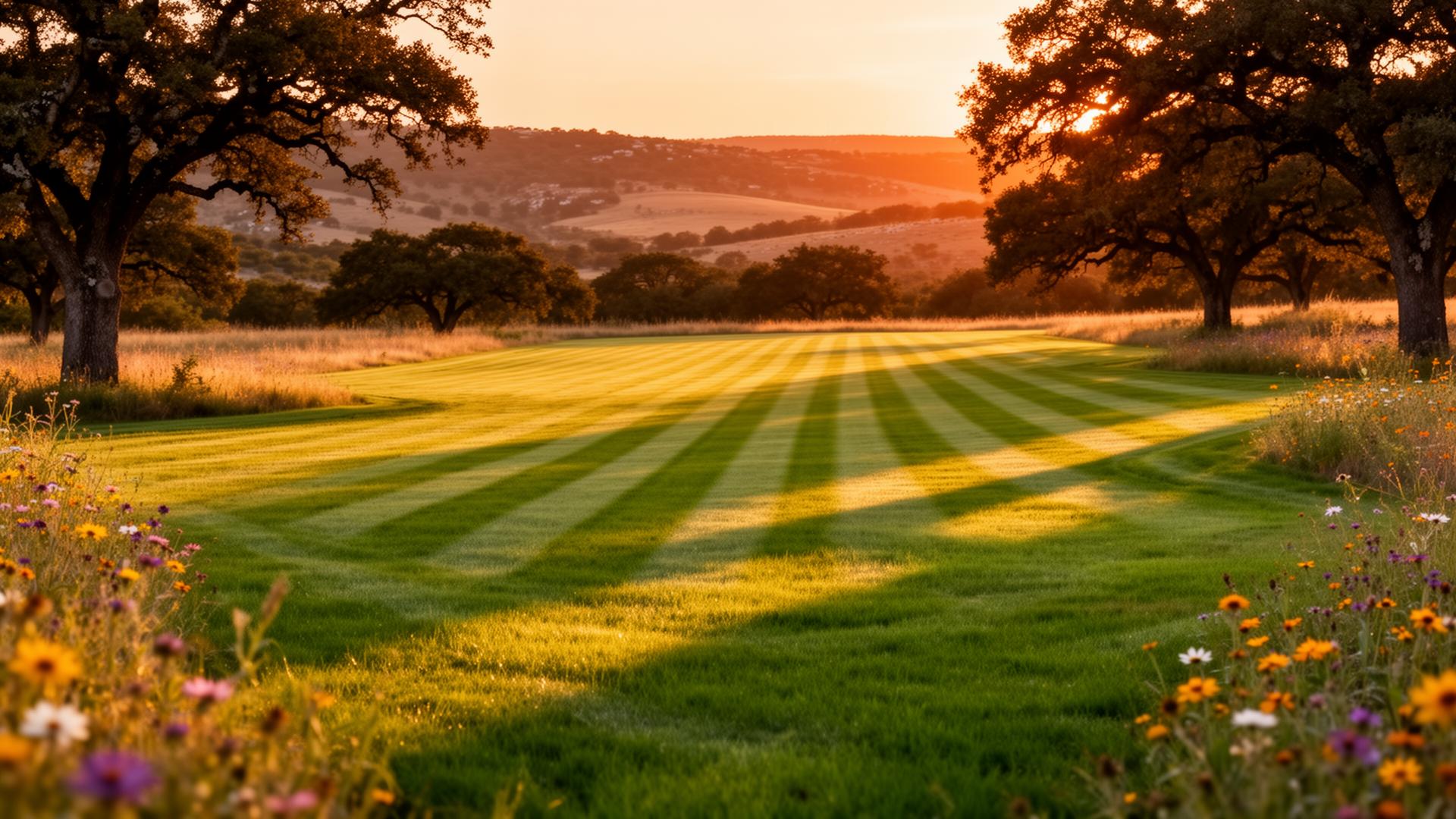 Beautifully landscaped Texas Hill Country backyard at golden hour